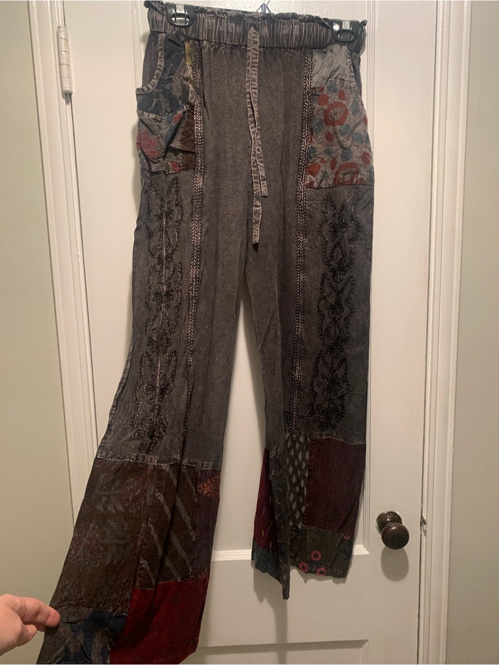 NWT Charcoal Black Kirat Patchwork Hippie Wide Leg Elastic Pull On Boho Pants OS